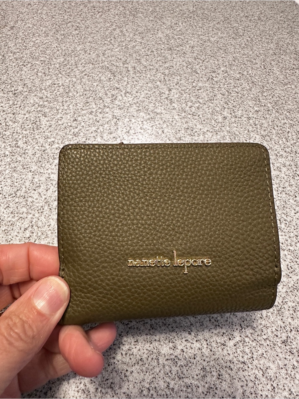 Nanette Lepore Olive Pebbled Compact Wallet with Gold Logo